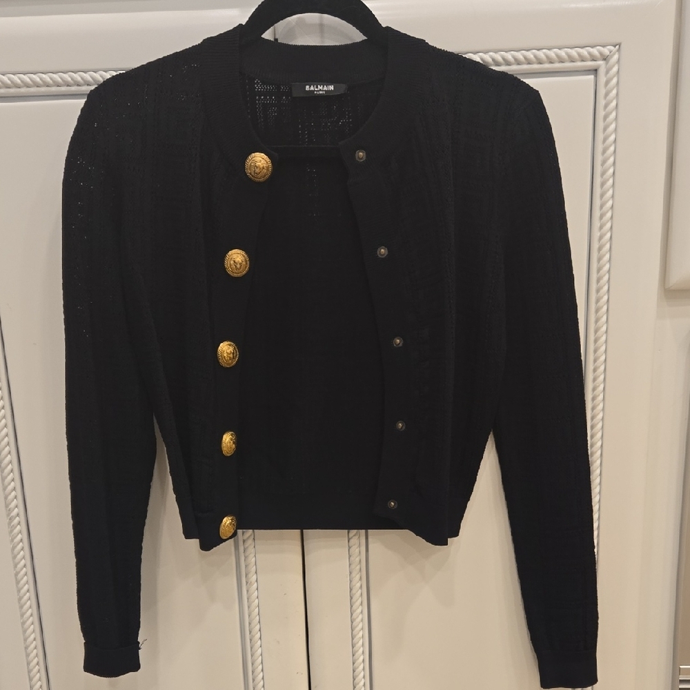 Balmain Black Knit Cardigan with Gold Medallion Buttons